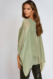 Khaki bluse i silke med flaggermusermer og rund hals