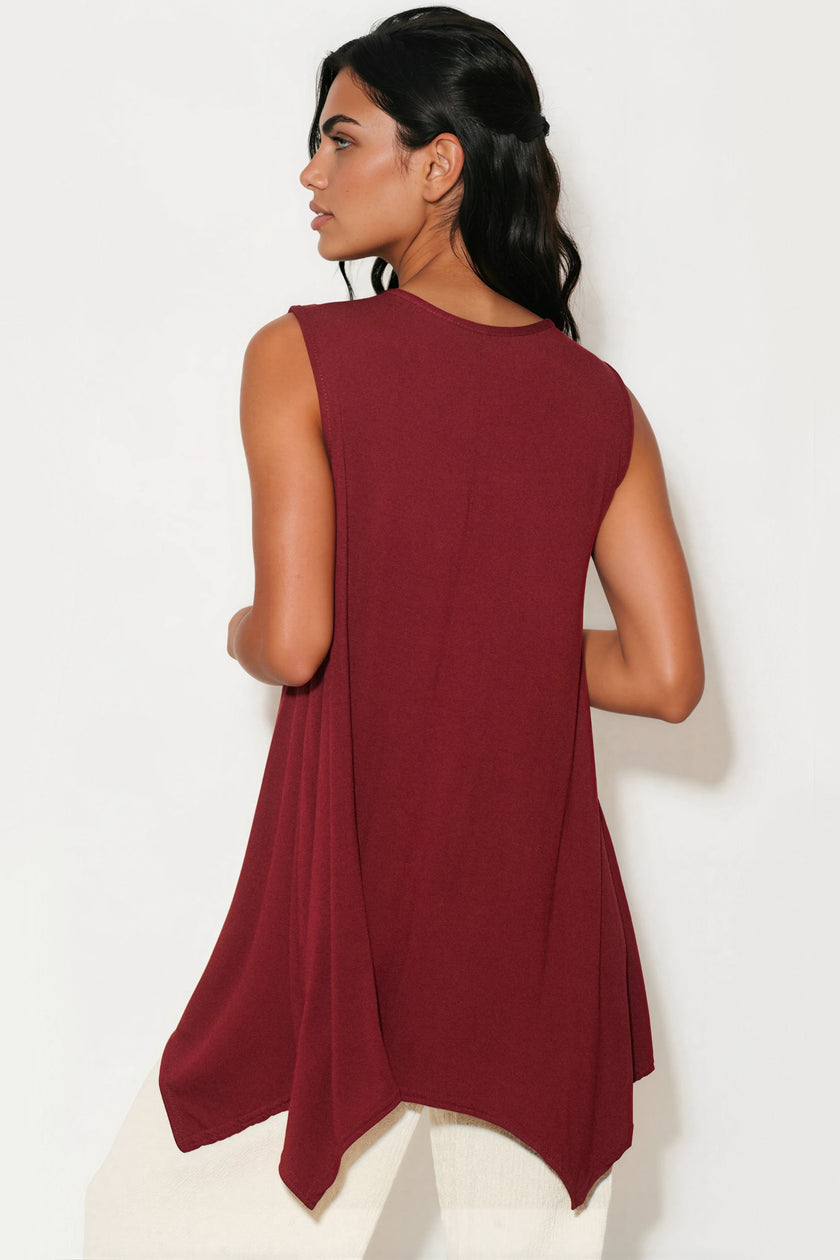 Wine Sleeveless Top With Asymmetric Hem