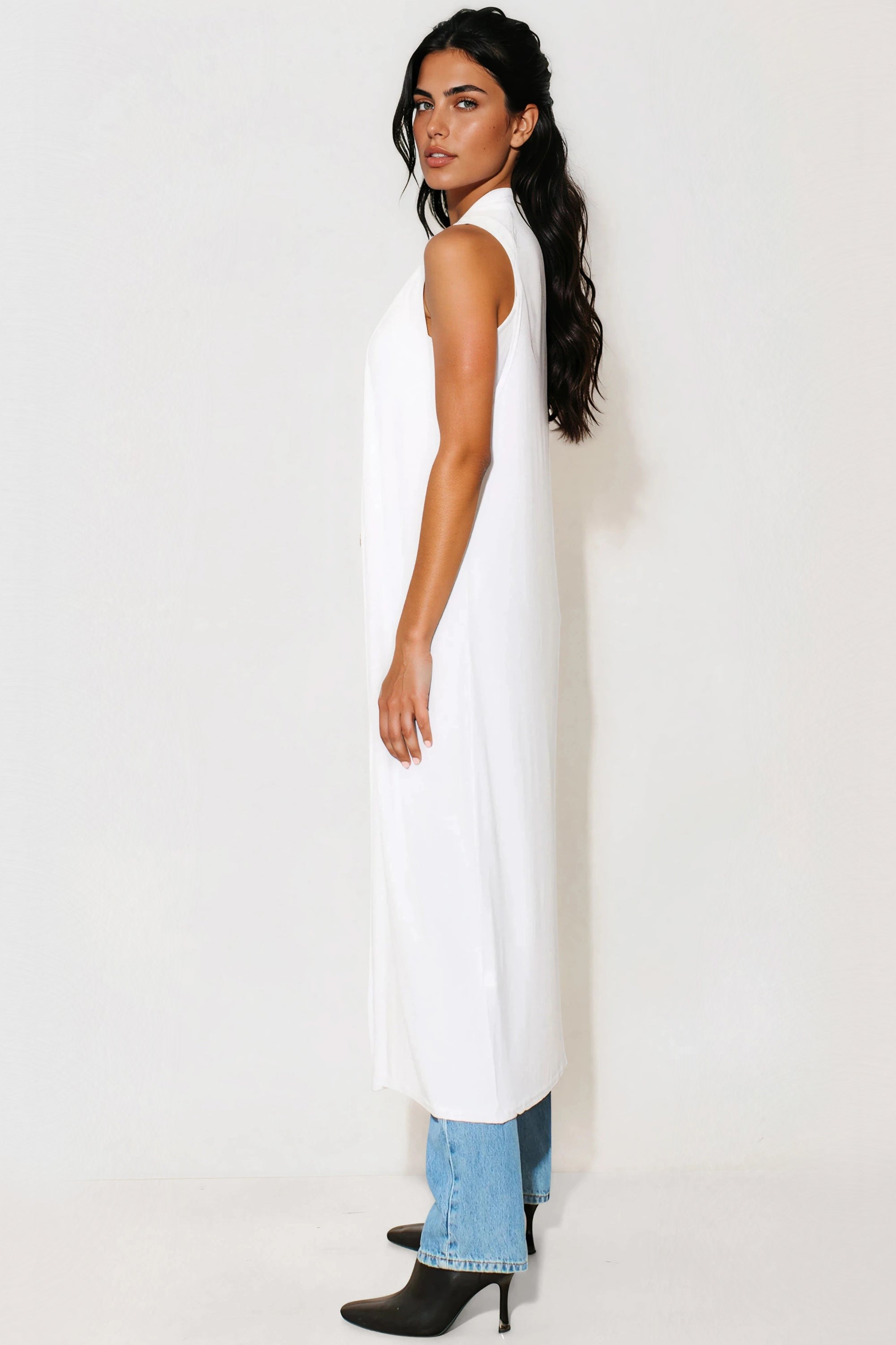 White Sleeveless Longline Maxi Cardigan