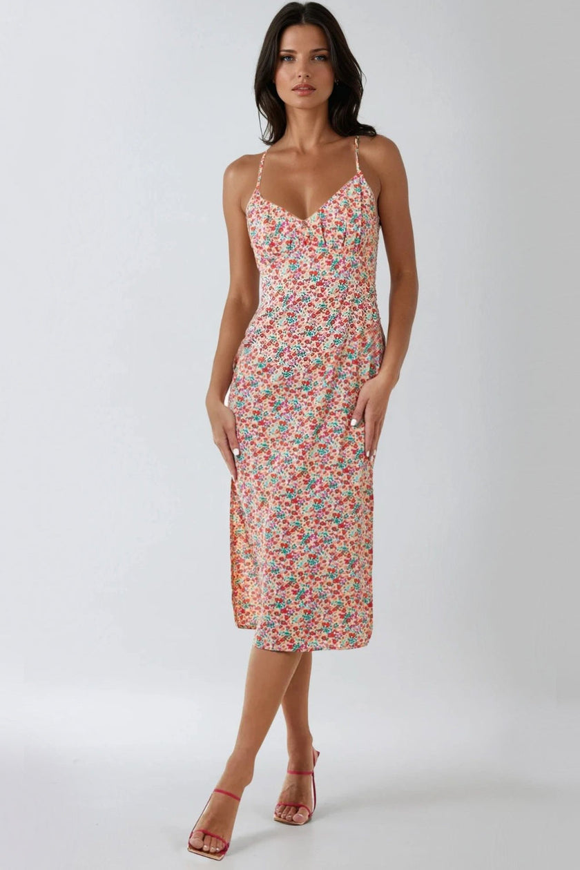 Robe midi fleurie rose à bretelles avec liens