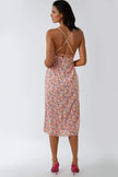 Robe midi fleurie rose à bretelles avec liens