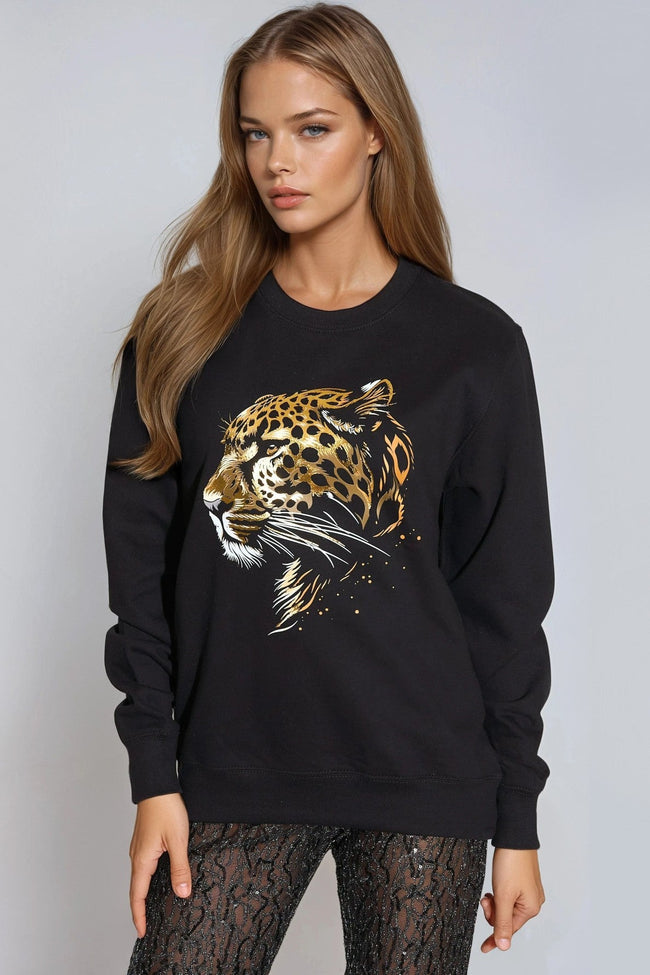 Sweat-shirt imprimé léopard noir avec détails dorés