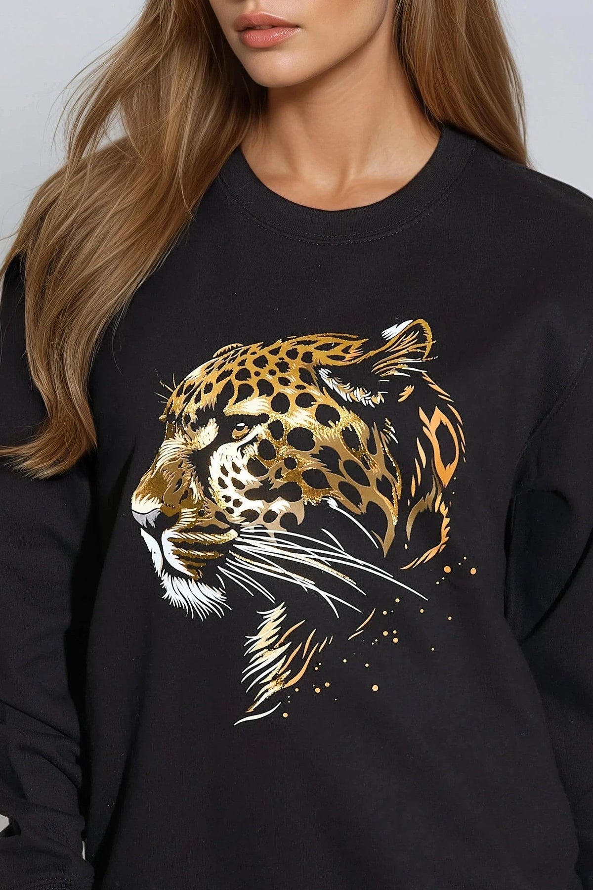 Zwart luipaard-sweatshirt met goudfolieopdruk