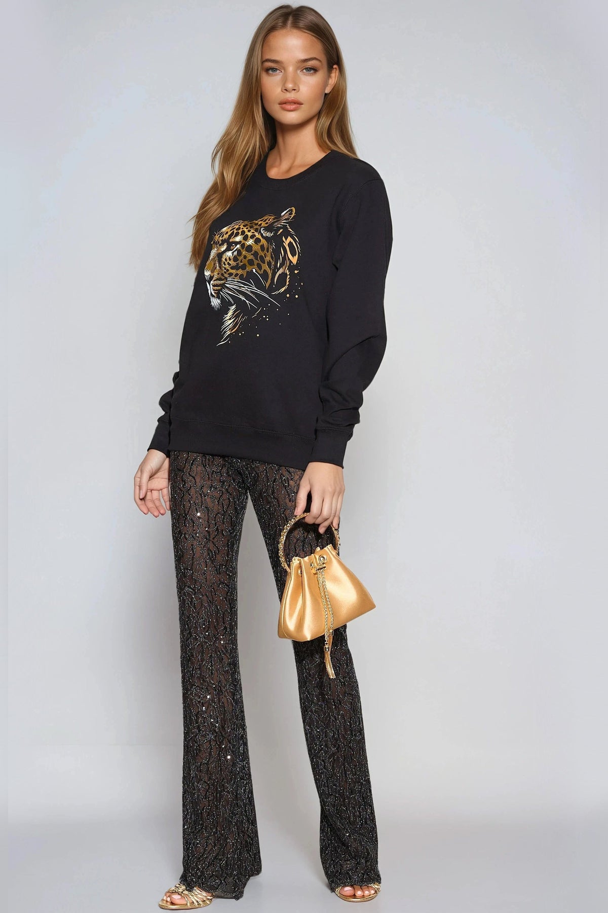 Zwart luipaard-sweatshirt met goudfolieopdruk