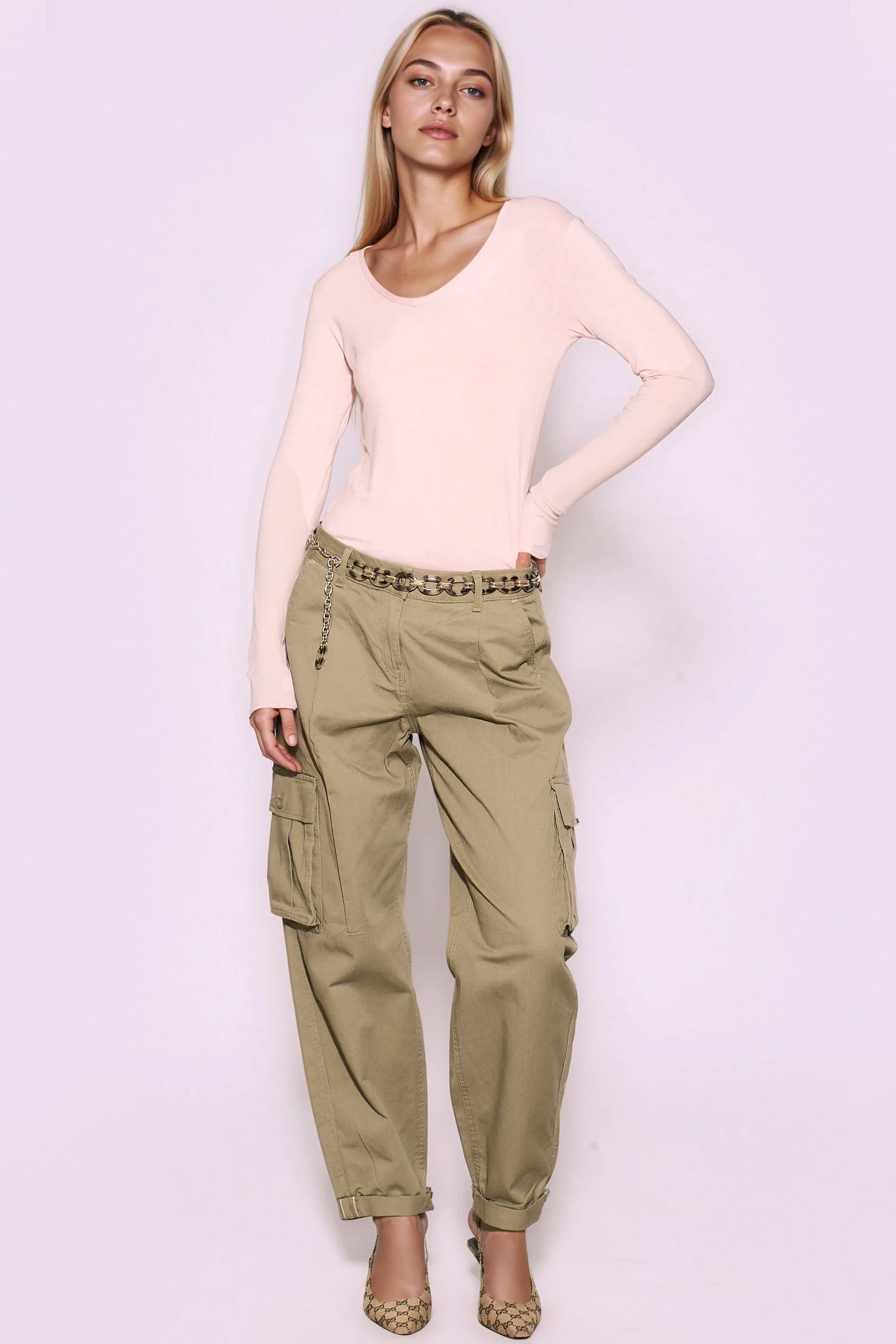 Blush Pink V Neck Long Sleeve Top