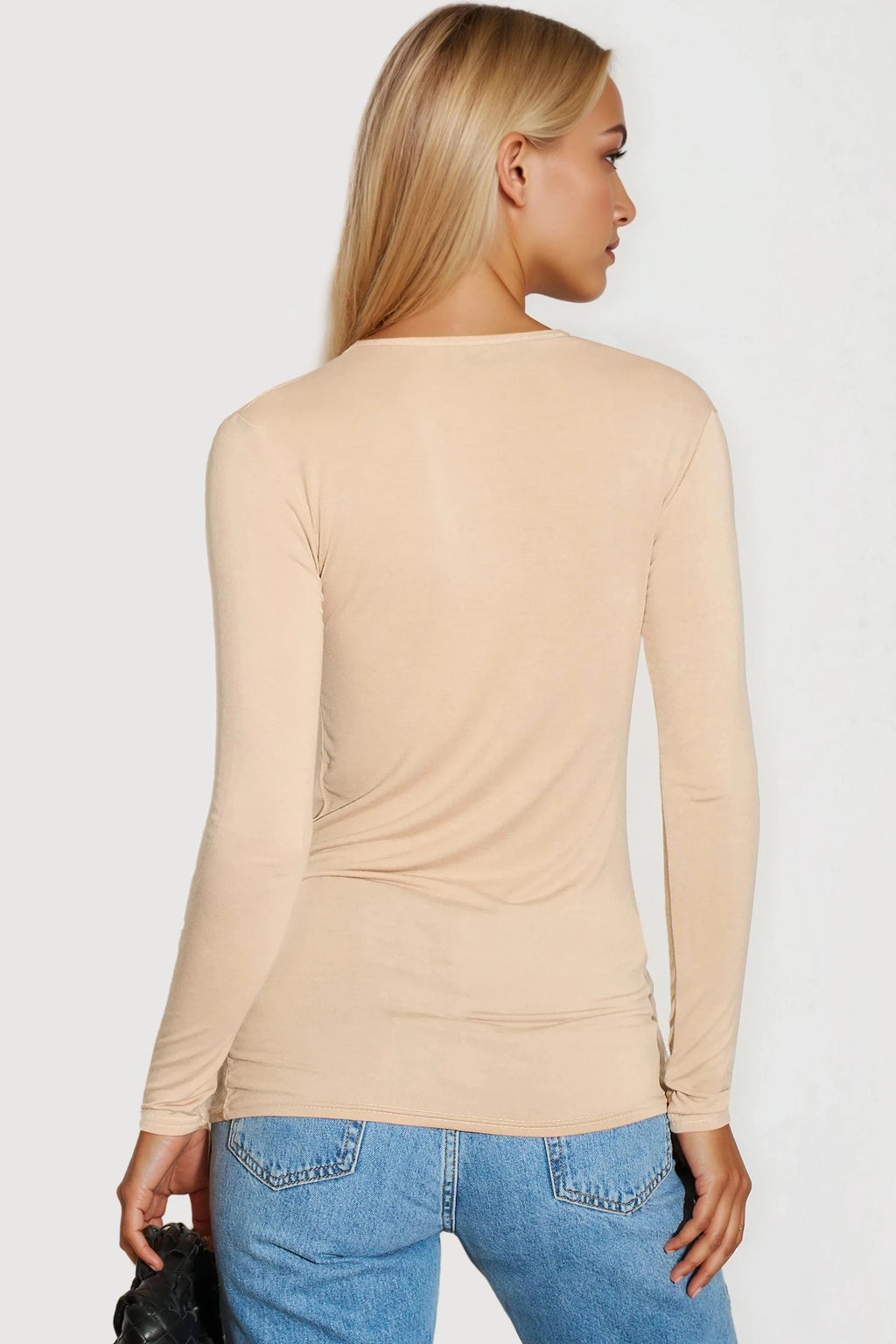 Beige V Neck Long Sleeve Top