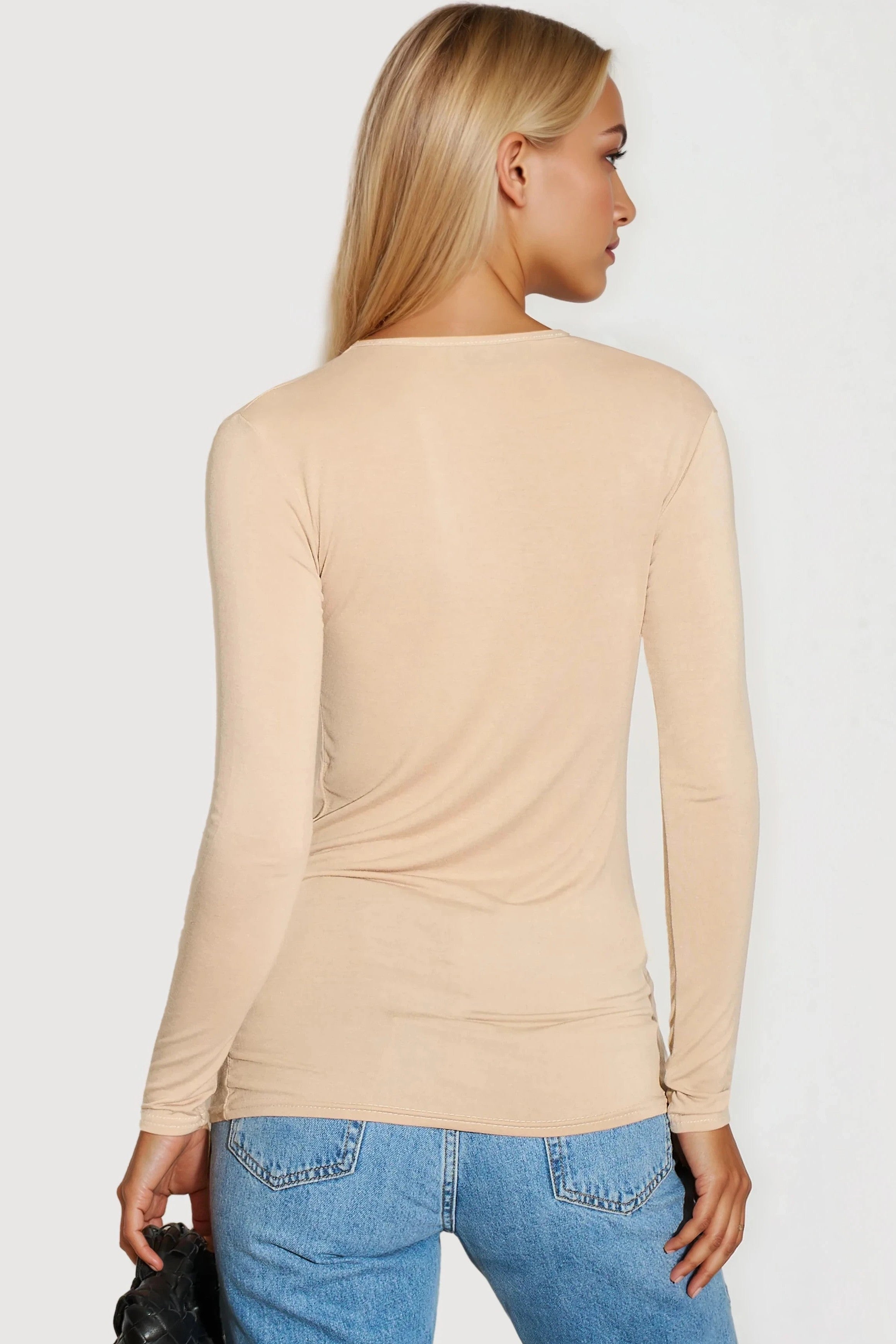 Beige V Neck Long Sleeve Top