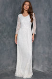 Robe longue blanche à sequins, manches ange et dos nu
