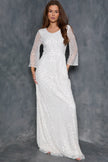 Robe longue blanche à sequins, manches ange et dos nu