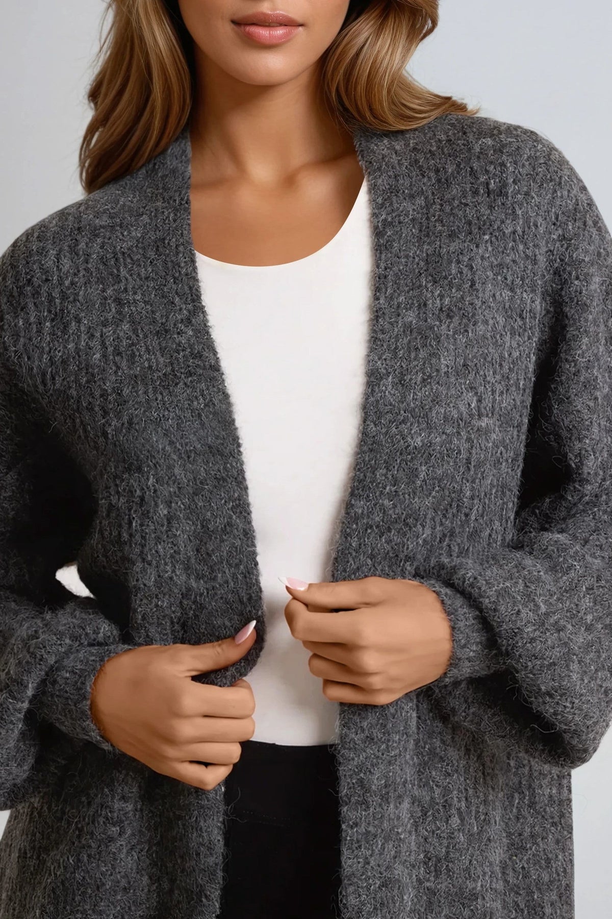 Charcoal Wool Blend Balloon Sleeve Knitted Cardigan
