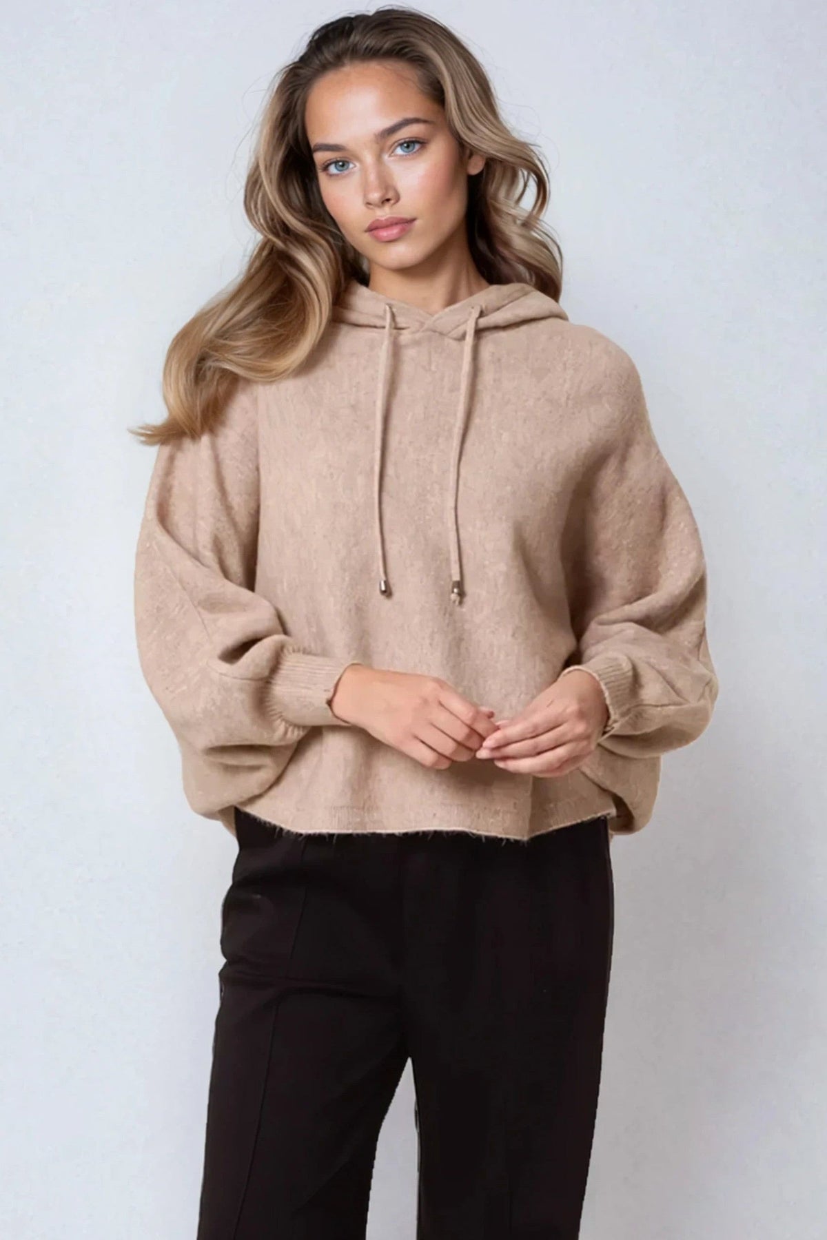 Mocha Boxy Knit Hoodie