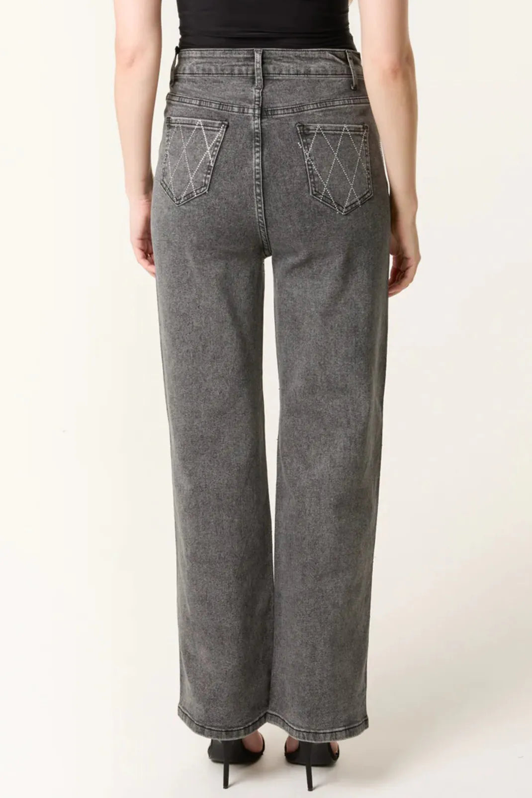 Black Wash Diamond Embellished Straight Leg Jeans