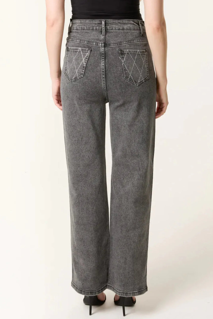Black Wash Diamond Embellished Straight Leg Jeans