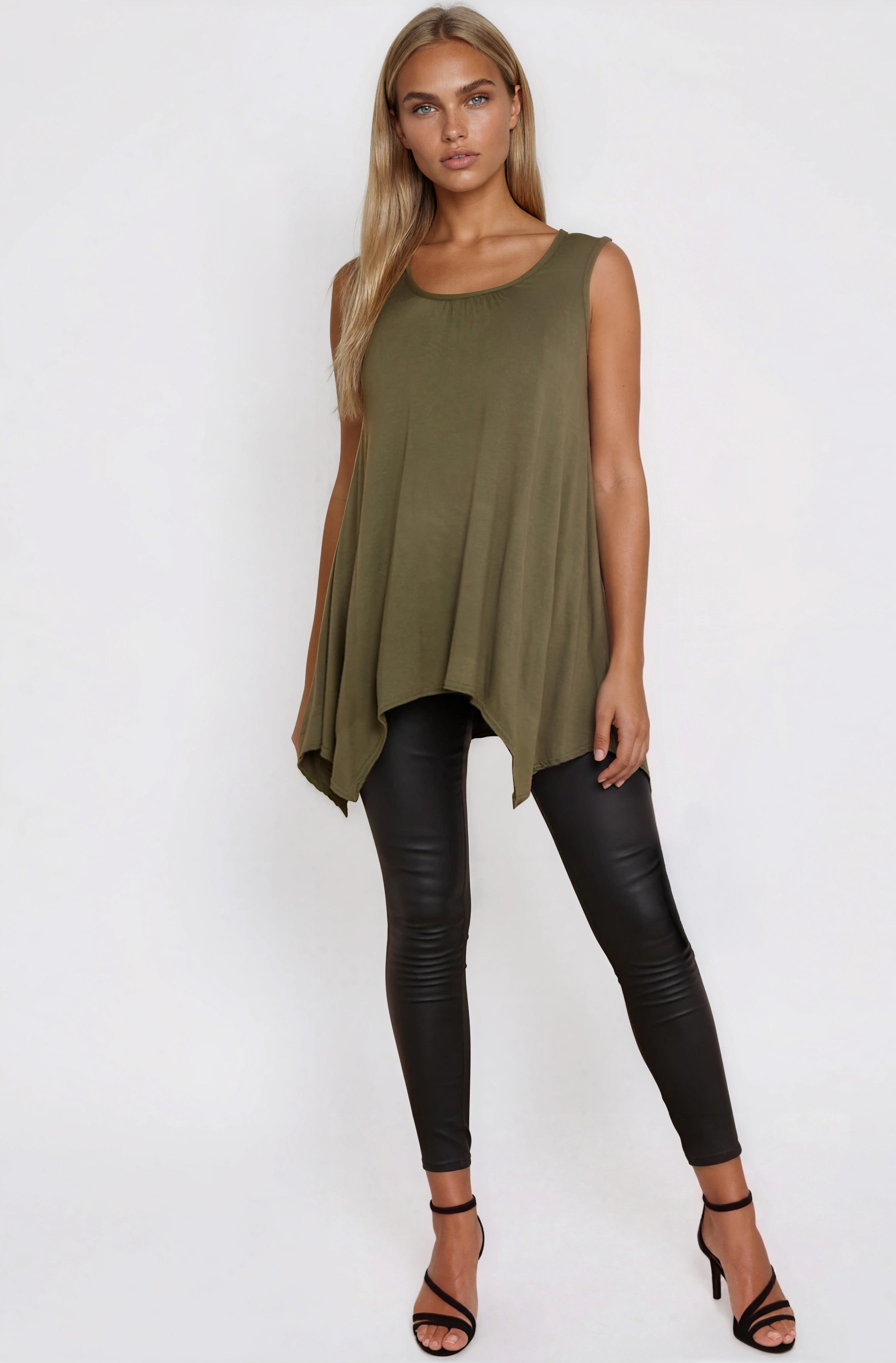 Khaki Sleeveless Top With Asymmetric Hem