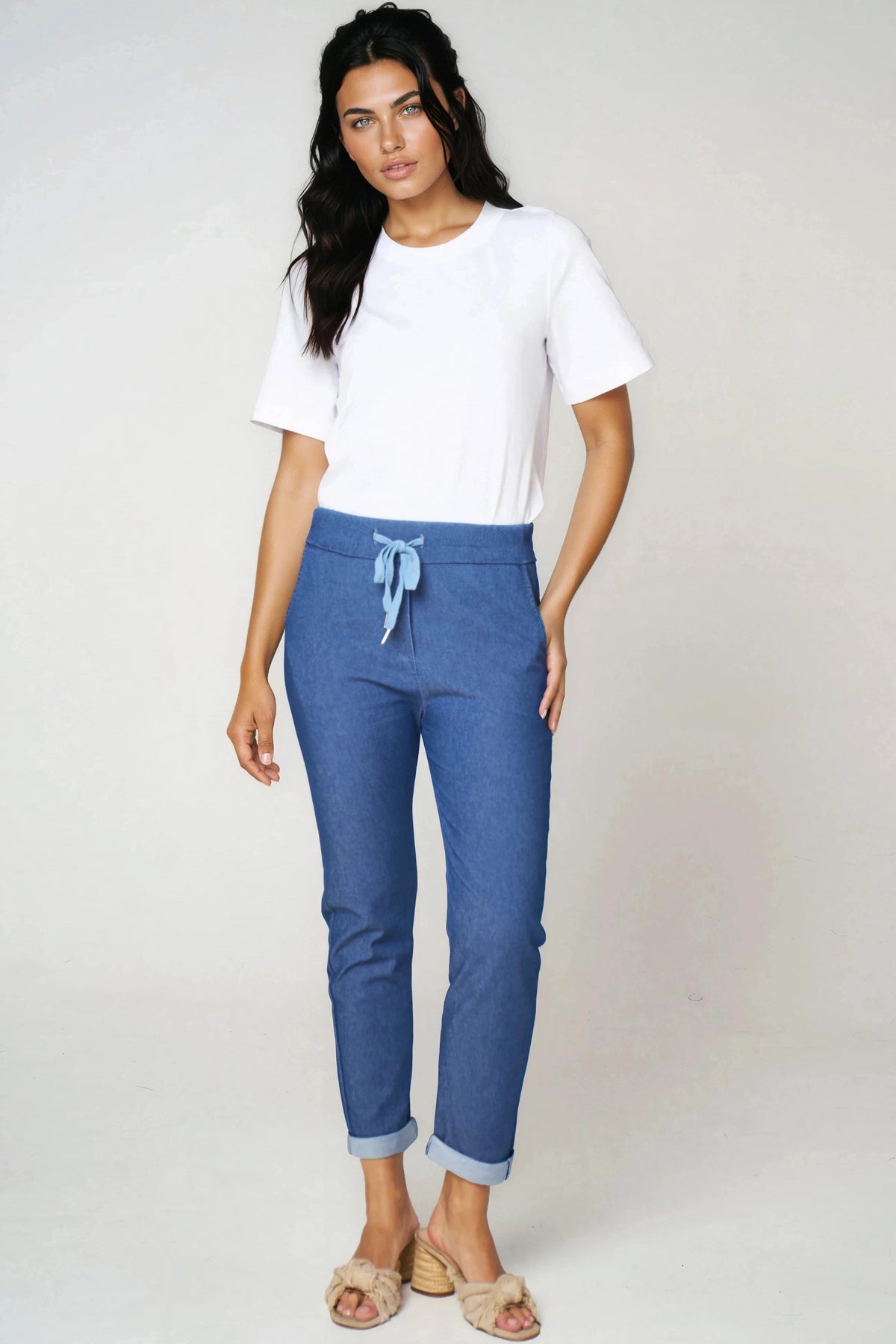 Pantaloni con coulisse in denim elasticizzato blu