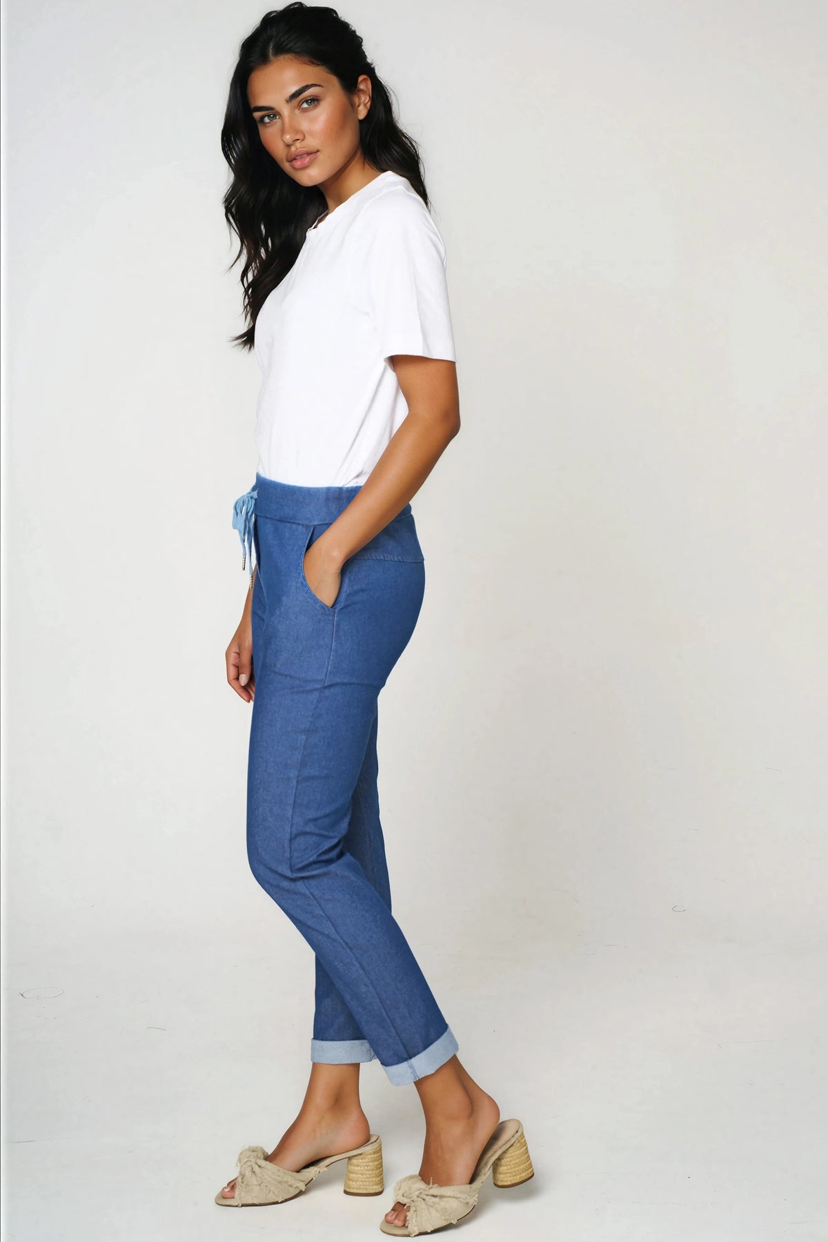 Pantaloni con coulisse in denim elasticizzato blu