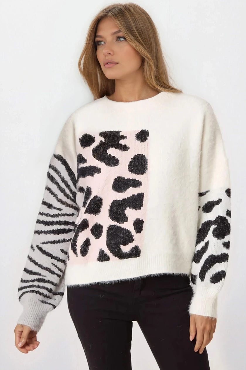 Ivory Mixed Animal Pattern Knit Jumper
