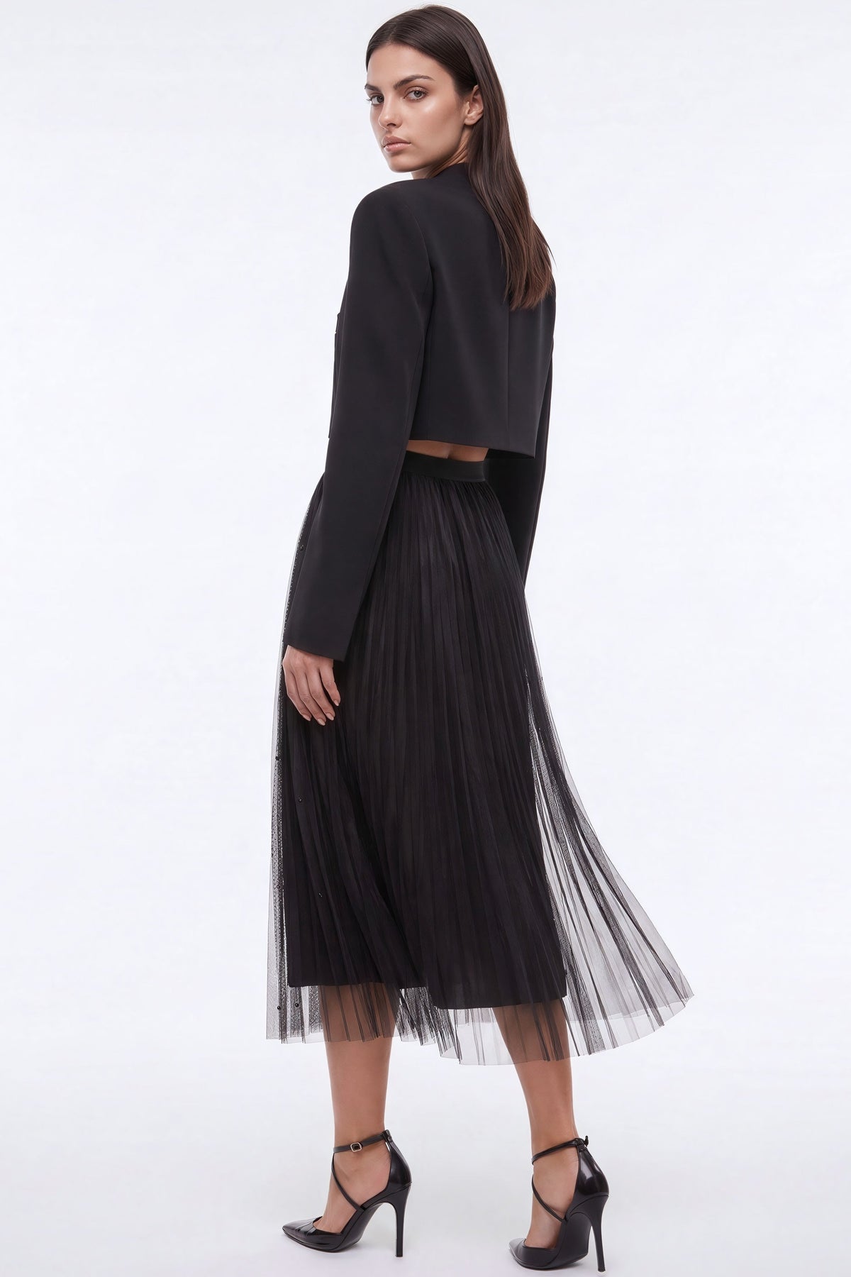 Black Pearl Embellished Mesh A‑Line Midi Skirt