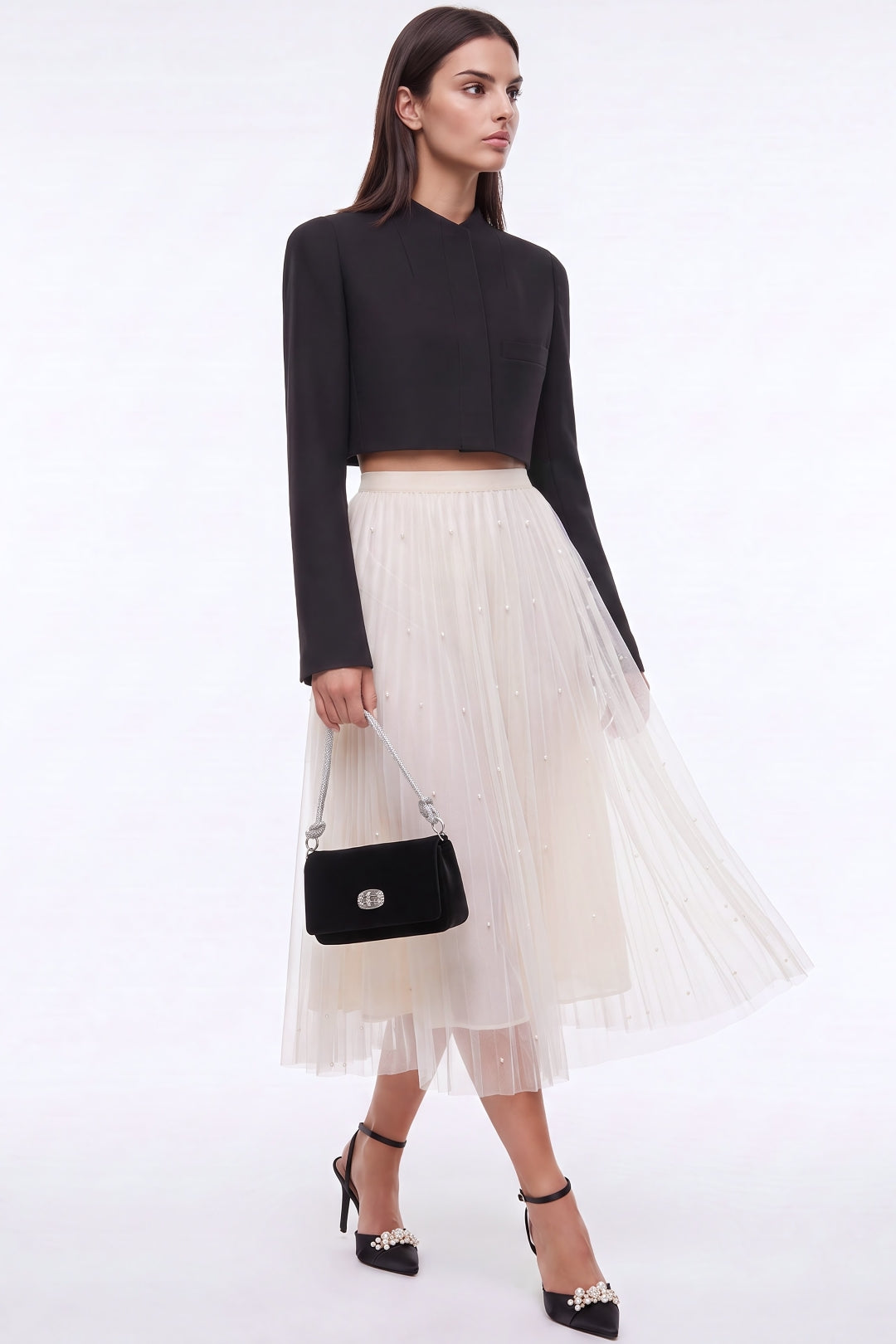 Ivory Pearl Embellished Mesh A‑Line Midi Skirt