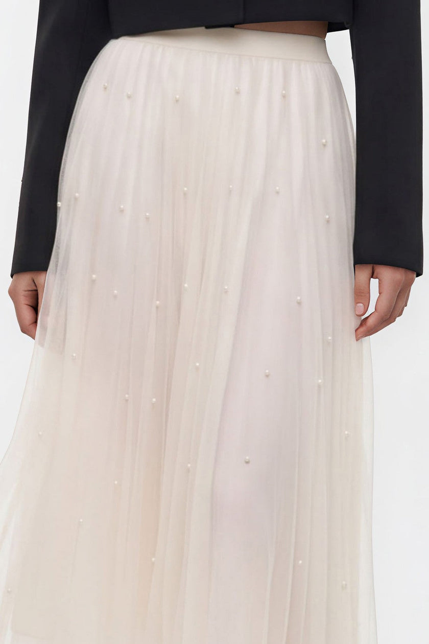 Ivory Pearl Embellished Mesh A‑Line Midi Skirt