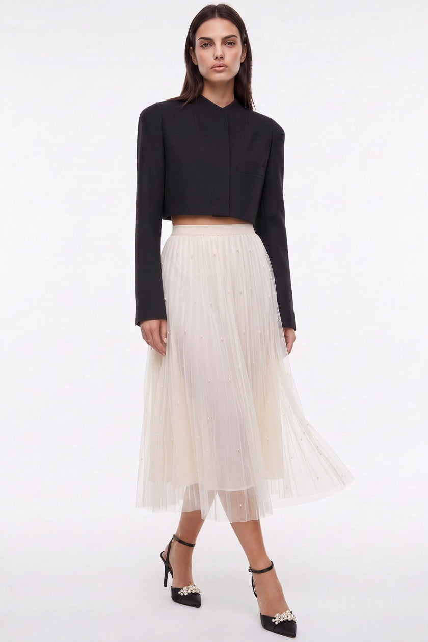 Ivory Pearl Embellished Mesh A‑Line Midi Skirt