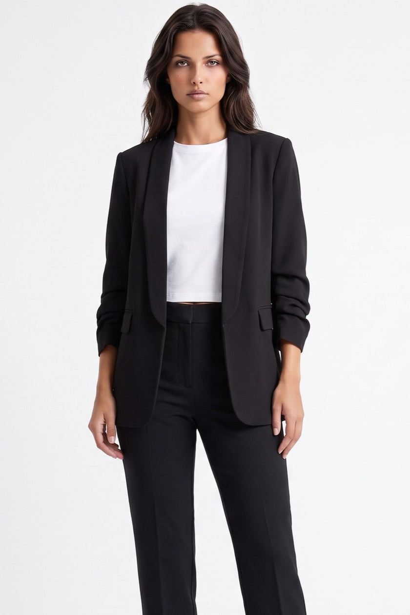 Black Blazer with Ruched Sleeves