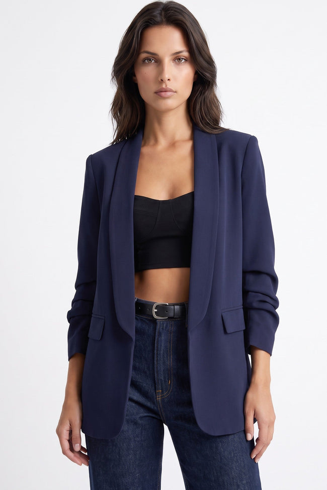 Navy Blazer with Ruched Sleeves