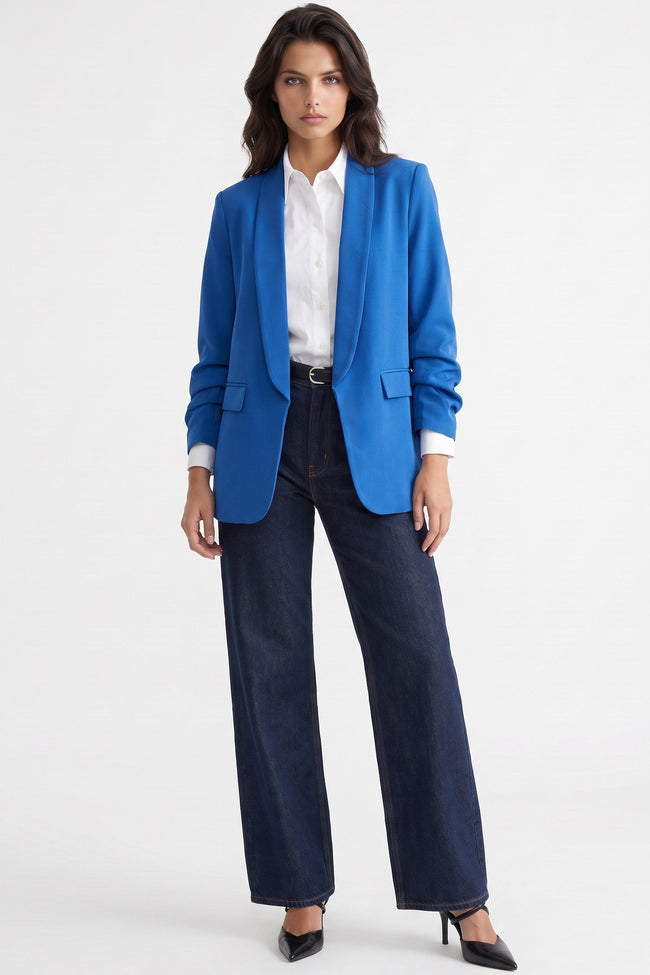 Royal Blue Blazer with Ruched Sleeves