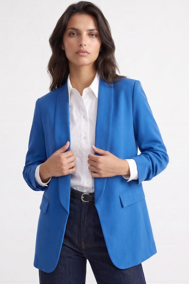 Royal Blue Blazer with Ruched Sleeves