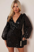 Black Sequin V-Neck Long Sleeve Bodycon Dress