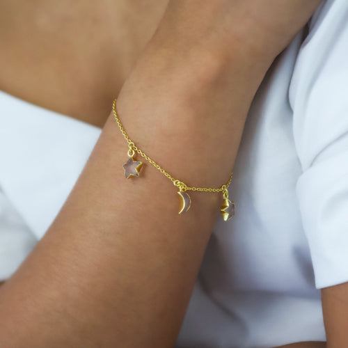 Amelia Rosenquarz Stern- & Mond-Charm-Armband | 18k vergoldet