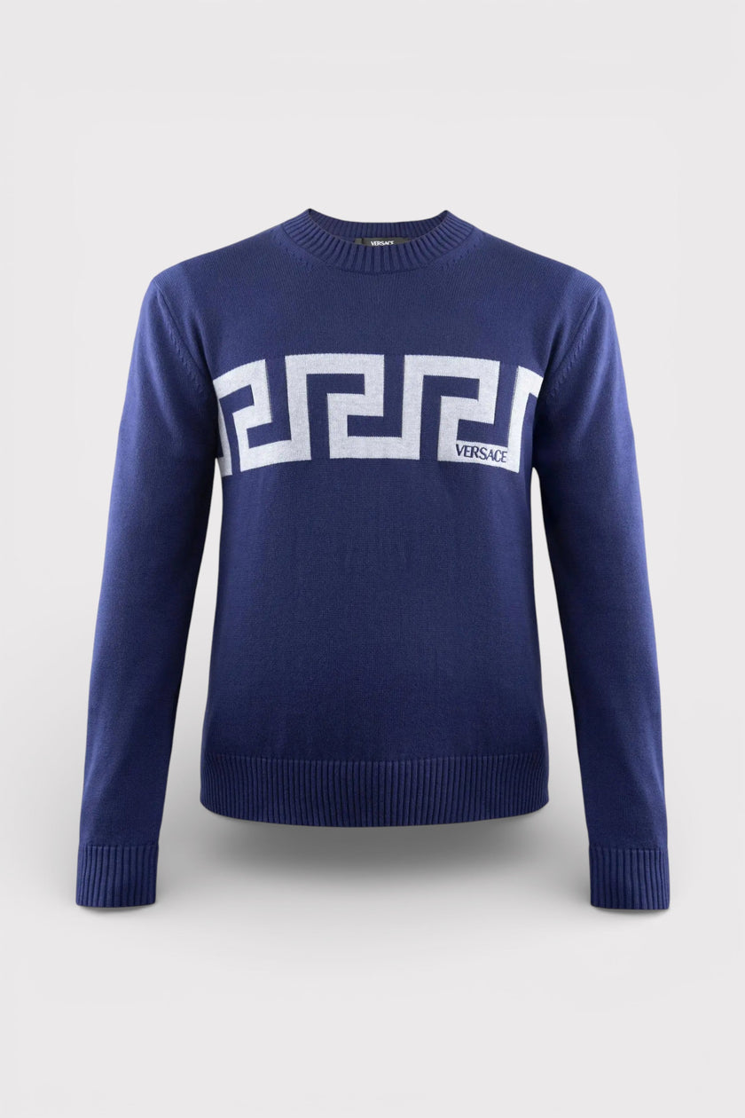 Logo Greca Motif Knit Sweater Navy