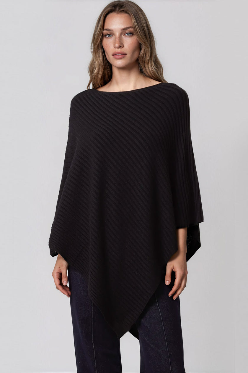 Black Asymmetric Ribbed Knit Poncho