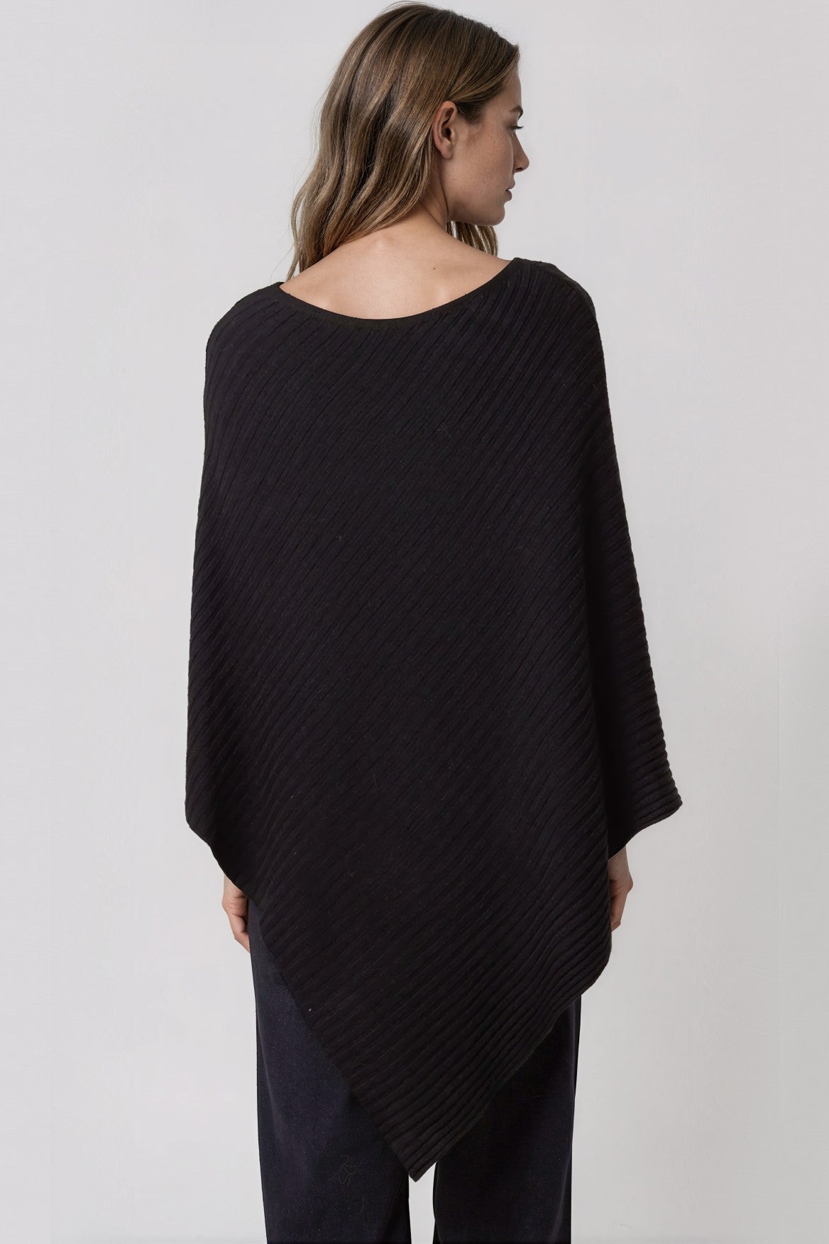 Black Asymmetric Ribbed Knit Poncho