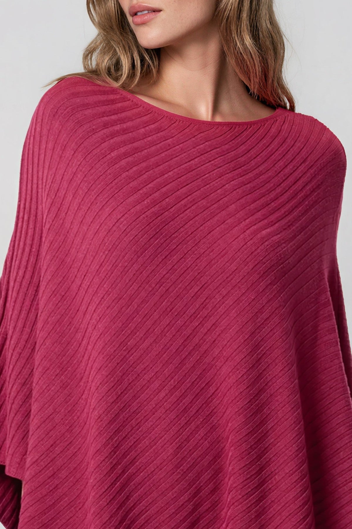 Wine Asymmetric Ribbed Knit Poncho