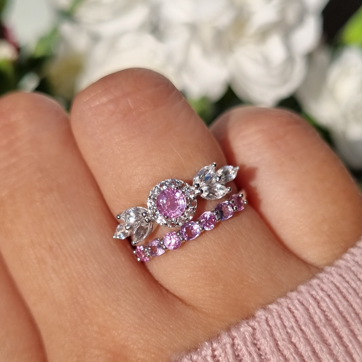 Roze Saffier & Roze Amethist Halve Eeuwigheidsring van Sterling Zilver