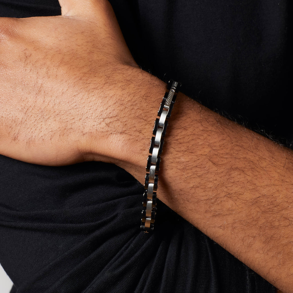 Fred Bennett Stainless Steel & Ceramic Link Bracelet with Black CZ Detail