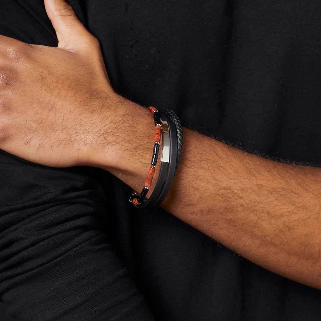 Fred Bennett Red Jasper and Onyx Multi- Layer Leather Bracelet