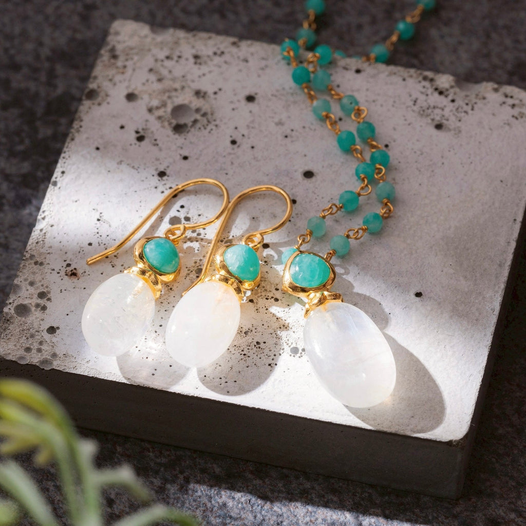 Persephone Double Gemstone Beaded Chain Necklace Moonstone & Amazonite