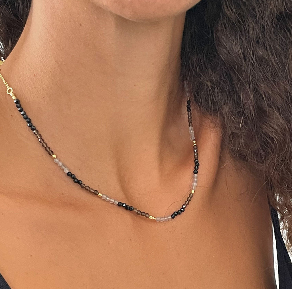Milos Mixed Gemstone Beaded Necklace  Black Onyx, Smoky Quartz & Labradorite