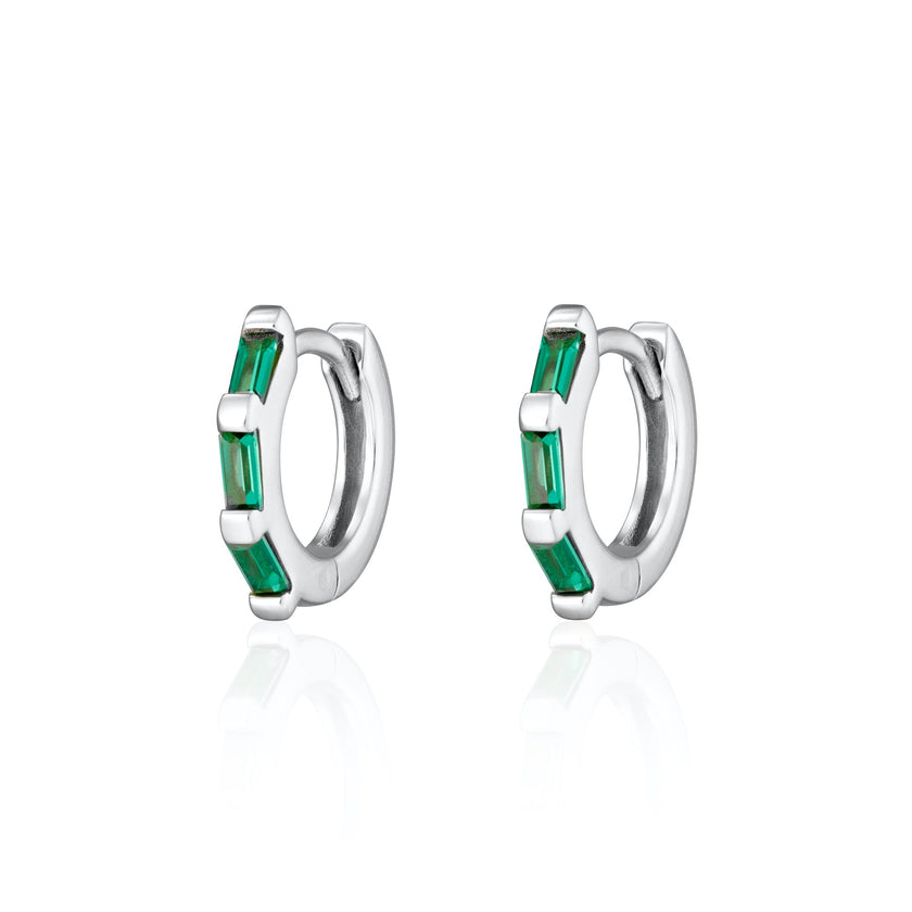 Baguette Huggie Earrings with Green Stones