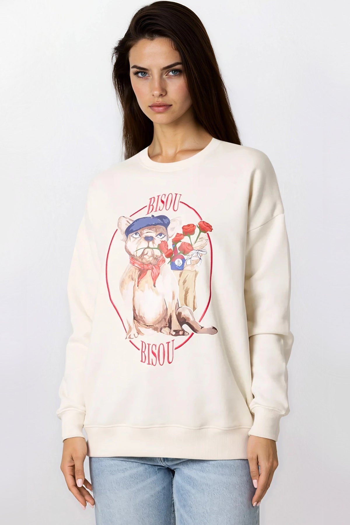 Light Beige French Bulldog Embroidered Sweatshirt