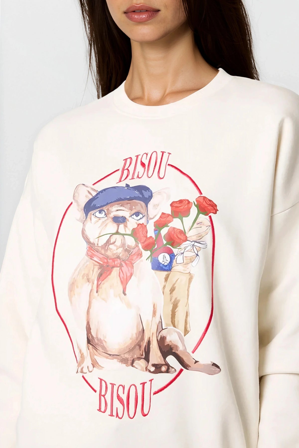 Light Beige French Bulldog Embroidered Sweatshirt