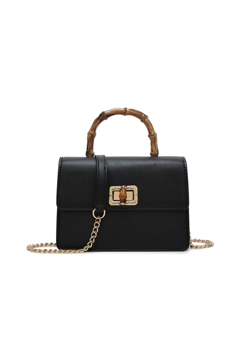 Black Faux Leather Crossbody Bag with Bamboo Top Handle