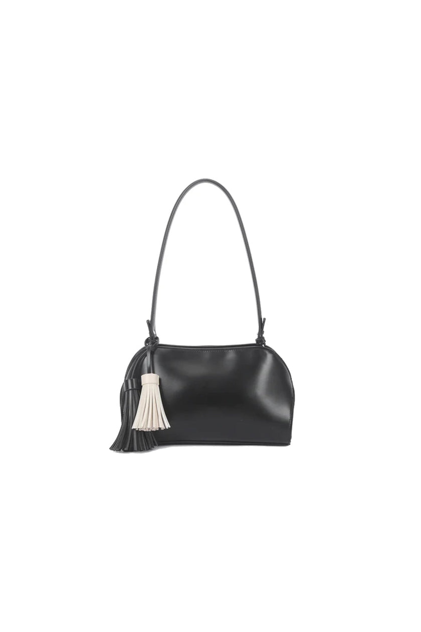 Black Faux Leather Shoulder Bag with Tassel Charms