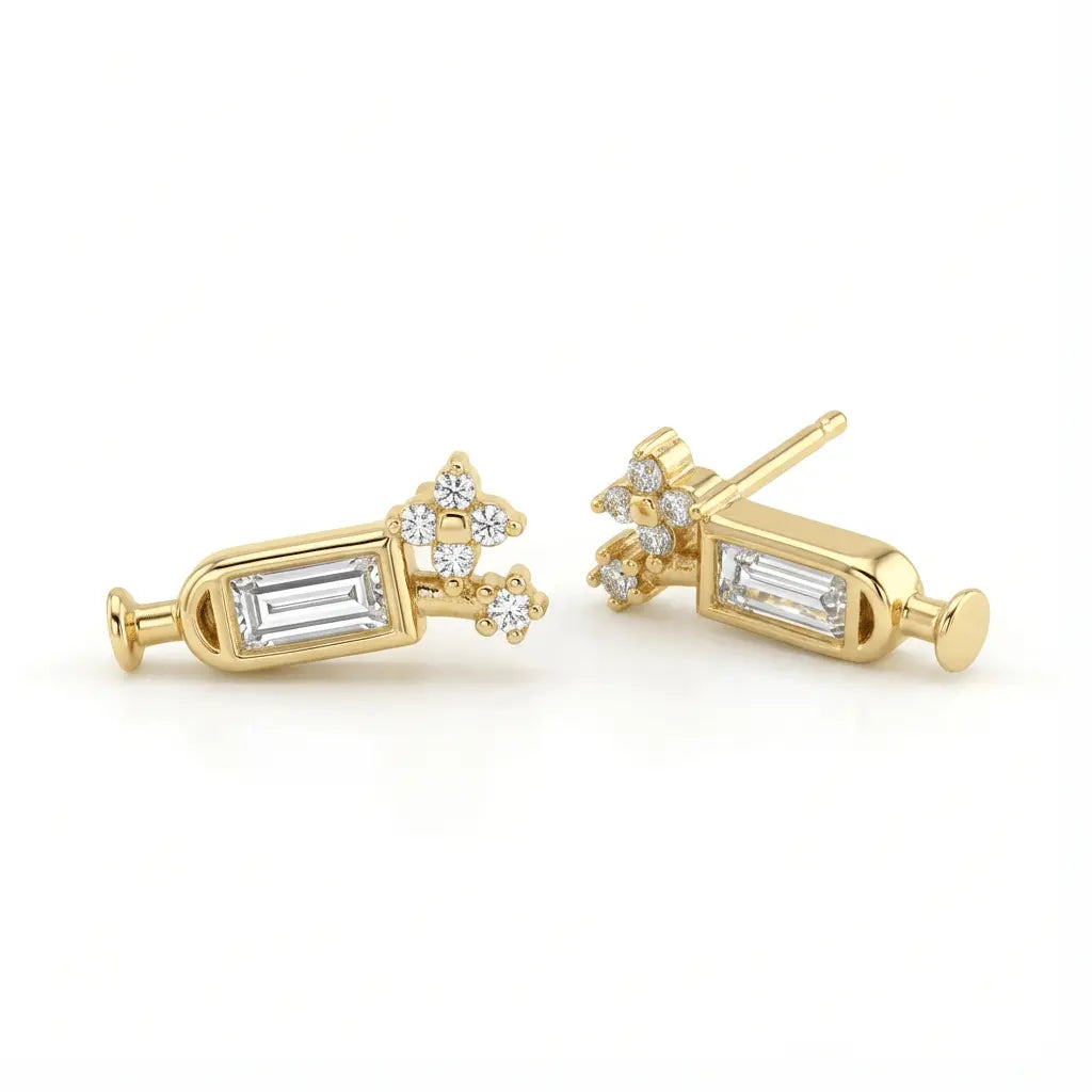 Solid Gold Earrings – Baguette Bloom Stud Elegant Modern Geometry | Gold | Majestic Jewellery