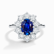 Blå safir halo forlovelsesring i sterlingsølv