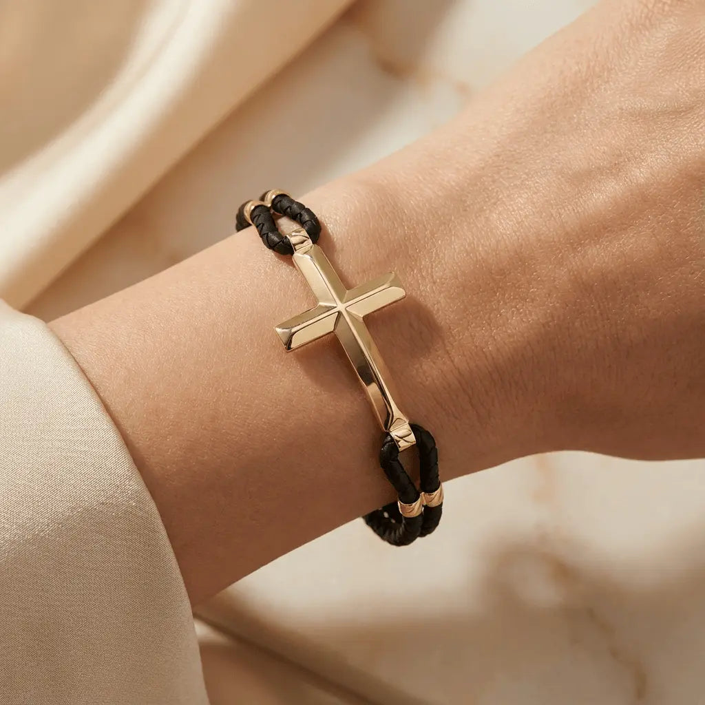 14K Gold Detail Bracelet – Bold Cross Braided | Braided Black Band | Majestic Jewellery