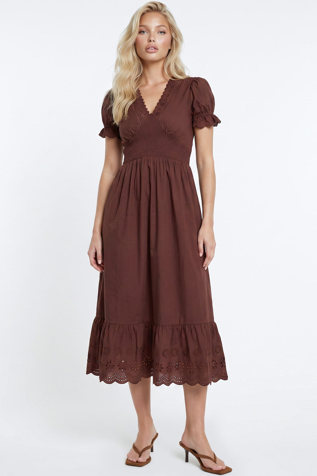 Brown Broderie Anglaise V-Neck Cotton Midi Dress
