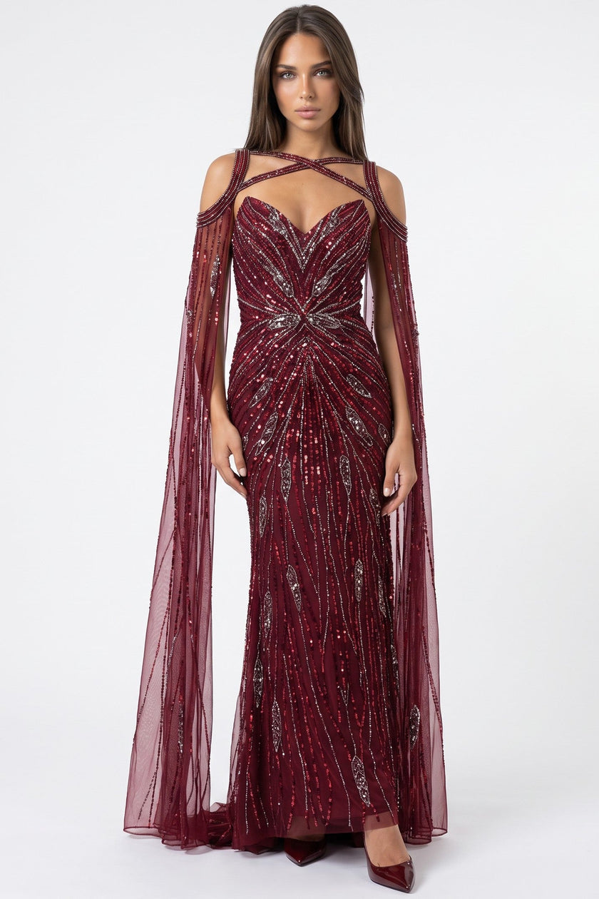 Burgundy Silver Sequin Strapless Corset Maxi Dress with Detachable Cape